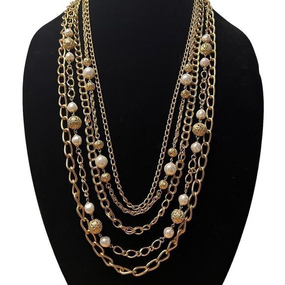 Gold-Tone Faux Pearl Bead Multi Chain Statement Necklace 34.5 in 5‎ Strand - Picture 3 of 16